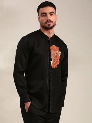 Black slub silk embroidered shirt