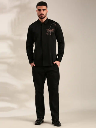 Black slub silk embroidered shirt