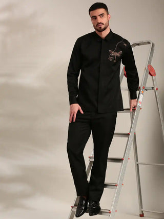 Black slub silk embroidered shirt