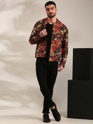 Brown printed silk muslin bomber jacket