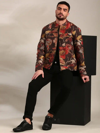 Brown printed silk muslin bomber jacket