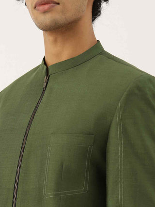 Green cotton silk zipper jacket