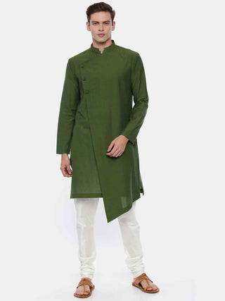 Green cotton asymmetric kurta and churidaar