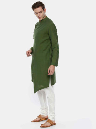 Green cotton asymmetric kurta and churidaar