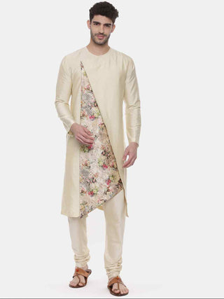 Beige printed silk kurta