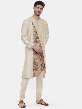 Beige printed silk kurta