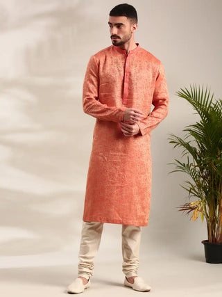 Orange silk jacquard kurta and churidar