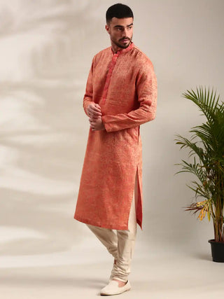 Orange silk jacquard kurta and churidar