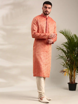 Orange silk jacquard kurta and churidar