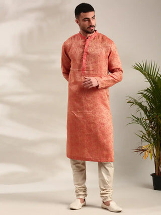 Orange silk jacquard kurta and churidar