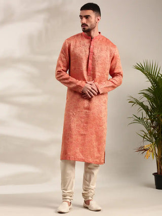 Orange silk jacquard kurta and churidar