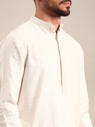 Ivory silk cotton jacquard kurta and churidar