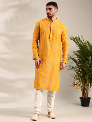 Yellow embroidered chanderi kurta and churidar