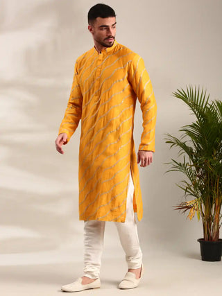 Yellow embroidered chanderi kurta and churidar