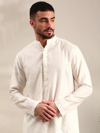 Ivory silk jaquard kurta and churidar