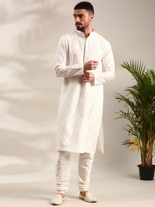 Ivory silk jaquard kurta and churidar