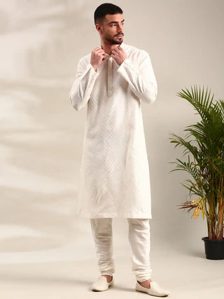 Ivory silk jaquard kurta and churidar