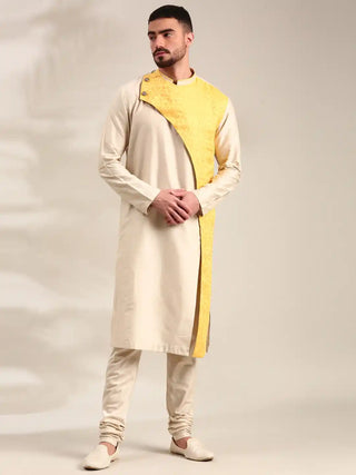 Beige and yellow linen silk kurta and churidar