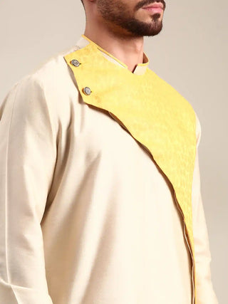 Beige and yellow linen silk kurta and churidar