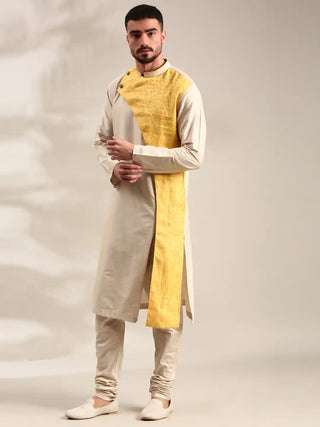 Beige and yellow linen silk kurta and churidar