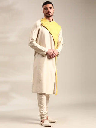 Beige and yellow linen silk kurta and churidar