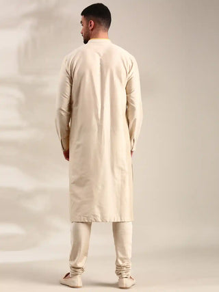 Beige and yellow linen silk kurta and churidar