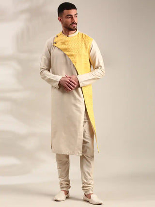 Beige and yellow linen silk kurta and churidar