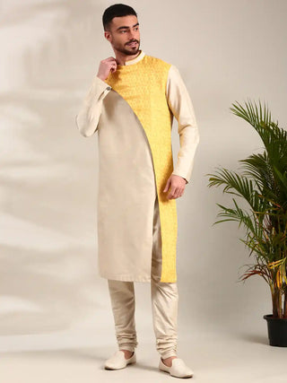 Beige and yellow linen silk kurta and churidar