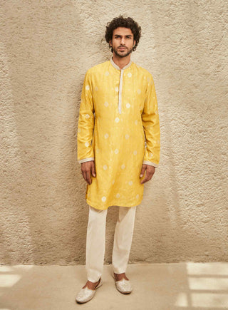 Yellow handcrafted heritage kurta and pants