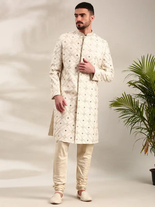 Ivory chanderi embroidered sherwani and churidar