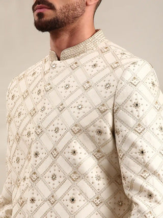 Ivory chanderi embroidered sherwani and churidar