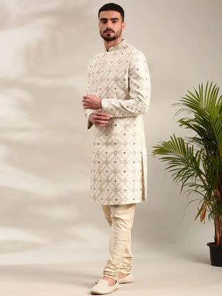 Ivory chanderi embroidered sherwani and churidar