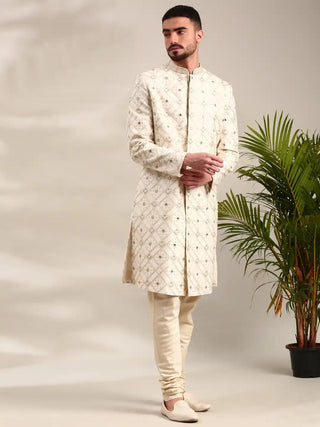 Ivory chanderi embroidered sherwani and churidar