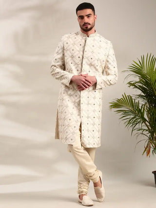 Ivory chanderi embroidered sherwani and churidar