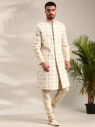 Ivory chanderi embroidered sherwani and churidar