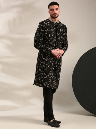 Black chanderi embroidered sherwani and churidar