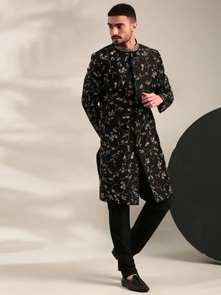 Black chanderi embroidered sherwani and churidar