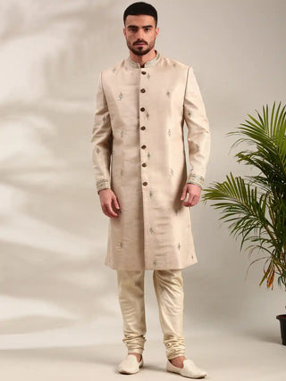 Gold chanderi sherwani and churidar