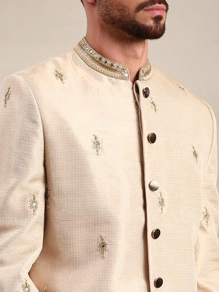 Gold chanderi sherwani and churidar