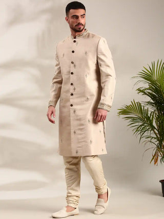 Gold chanderi sherwani and churidar