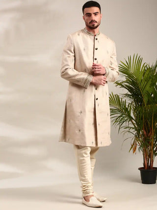 Gold chanderi sherwani and churidar