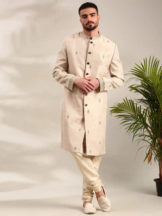 Gold chanderi sherwani and churidar