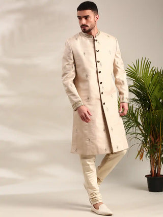 Gold chanderi sherwani and churidar