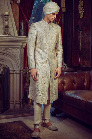 Beige wanderlust lost in time sherwani