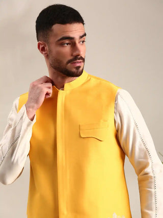 Yellow embroidered cotton silk nehru jacket