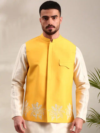 Yellow embroidered cotton silk nehru jacket