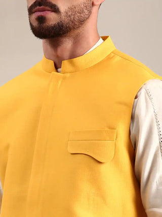 Yellow embroidered cotton silk nehru jacket