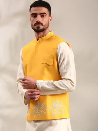 Yellow embroidered cotton silk nehru jacket