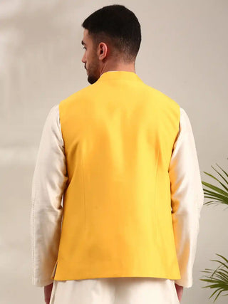 Yellow embroidered cotton silk nehru jacket