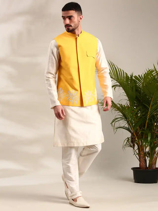 Yellow embroidered cotton silk nehru jacket